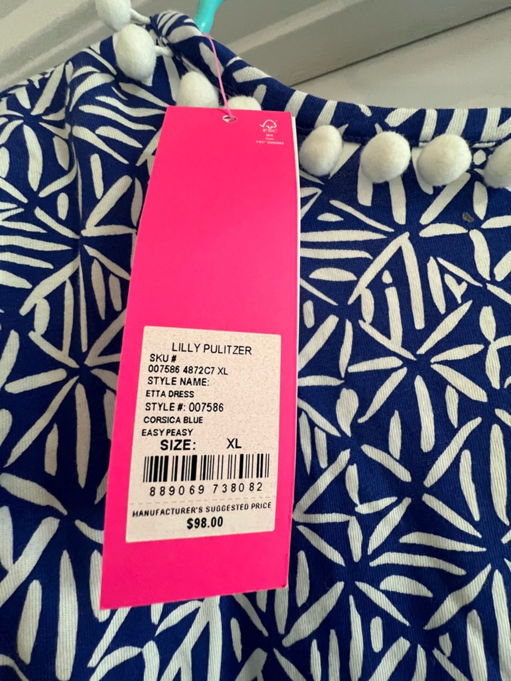 Lilly Pulitzer Blue and White Geometric Pom-Trim V-Neck Dress - Picture 2 of 2